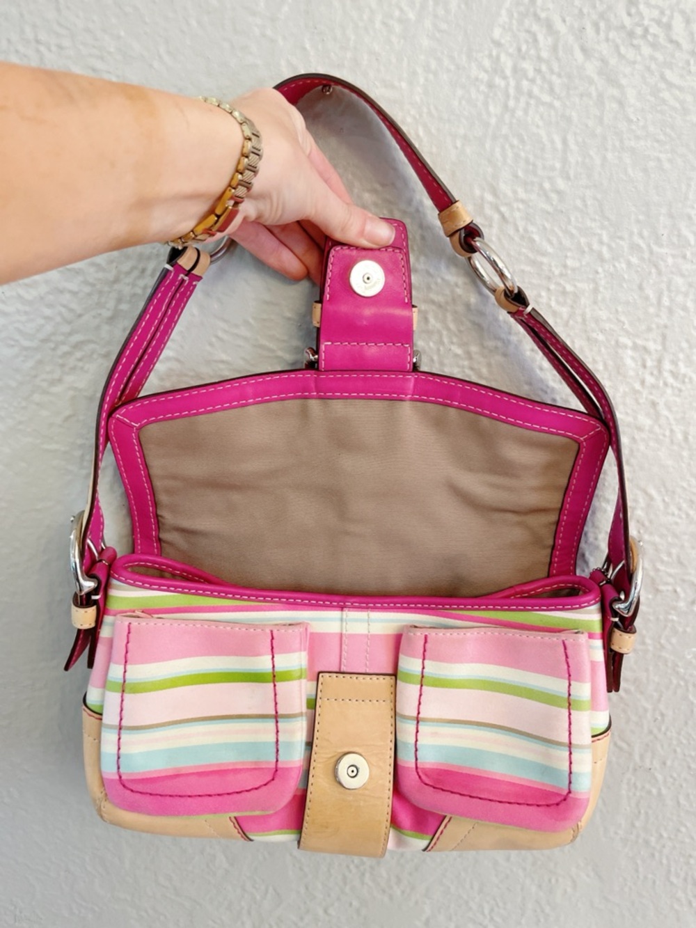 Coach Y2K Pink Stripe Soho Shoulder Bag & Matching Wallet Set Vintage Rare - Picture 7 of 16